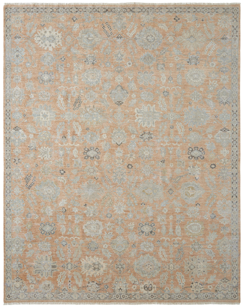 Transitional hand-knotted wool rug in dusty orange and beige, full view