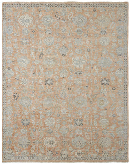 Transitional hand-knotted wool rug in dusty orange and beige, full view