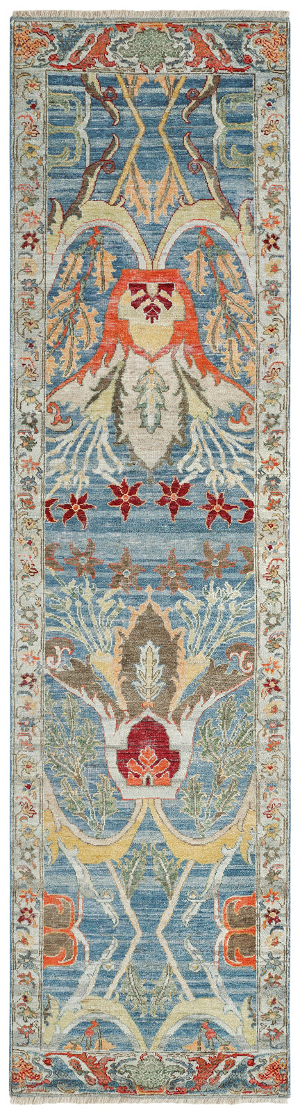 Corner detail, transitional wool rug in blue and beige