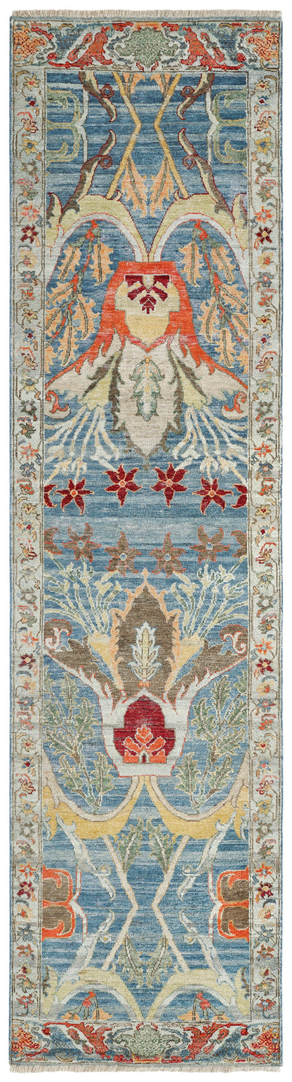 Corner detail, transitional wool rug in blue and beige