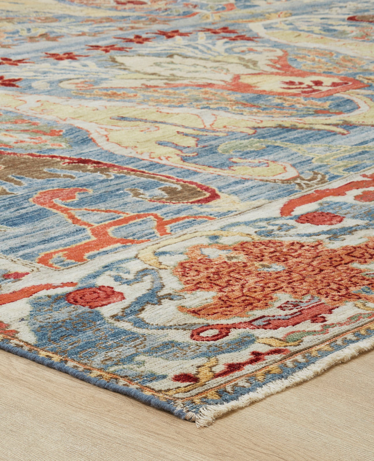 Rectangle shape option, transitional wool rug in blue and beige