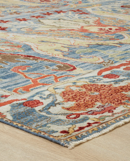 Rectangle shape option, transitional wool rug in blue and beige