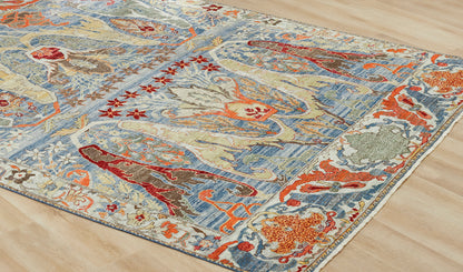 Round shape option, transitional wool rug in blue and beige