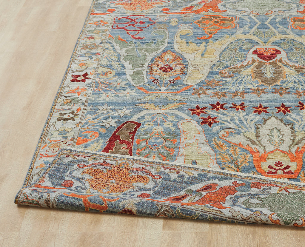 Square shape option, transitional wool rug in blue and beige