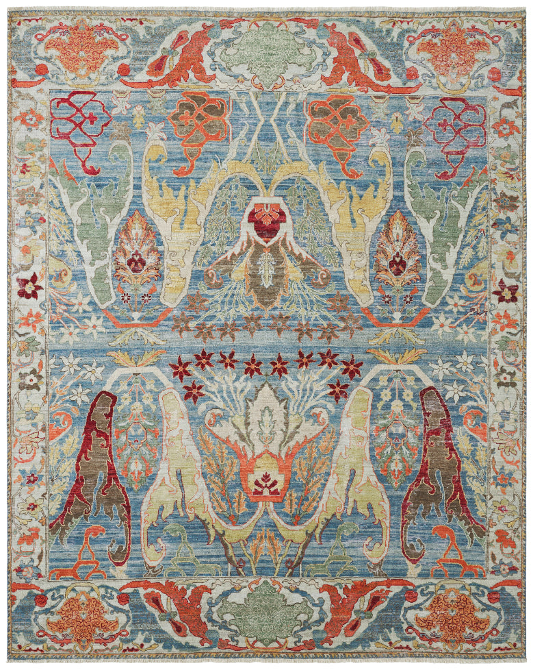 Transitional hand-knotted wool rug in blue and beige, full view