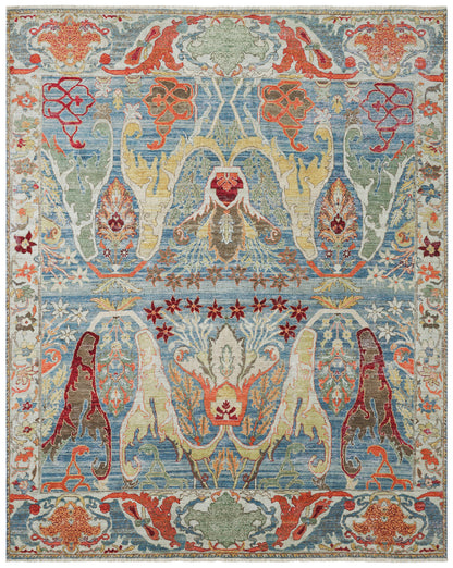 Transitional hand-knotted wool rug in blue and beige, full view