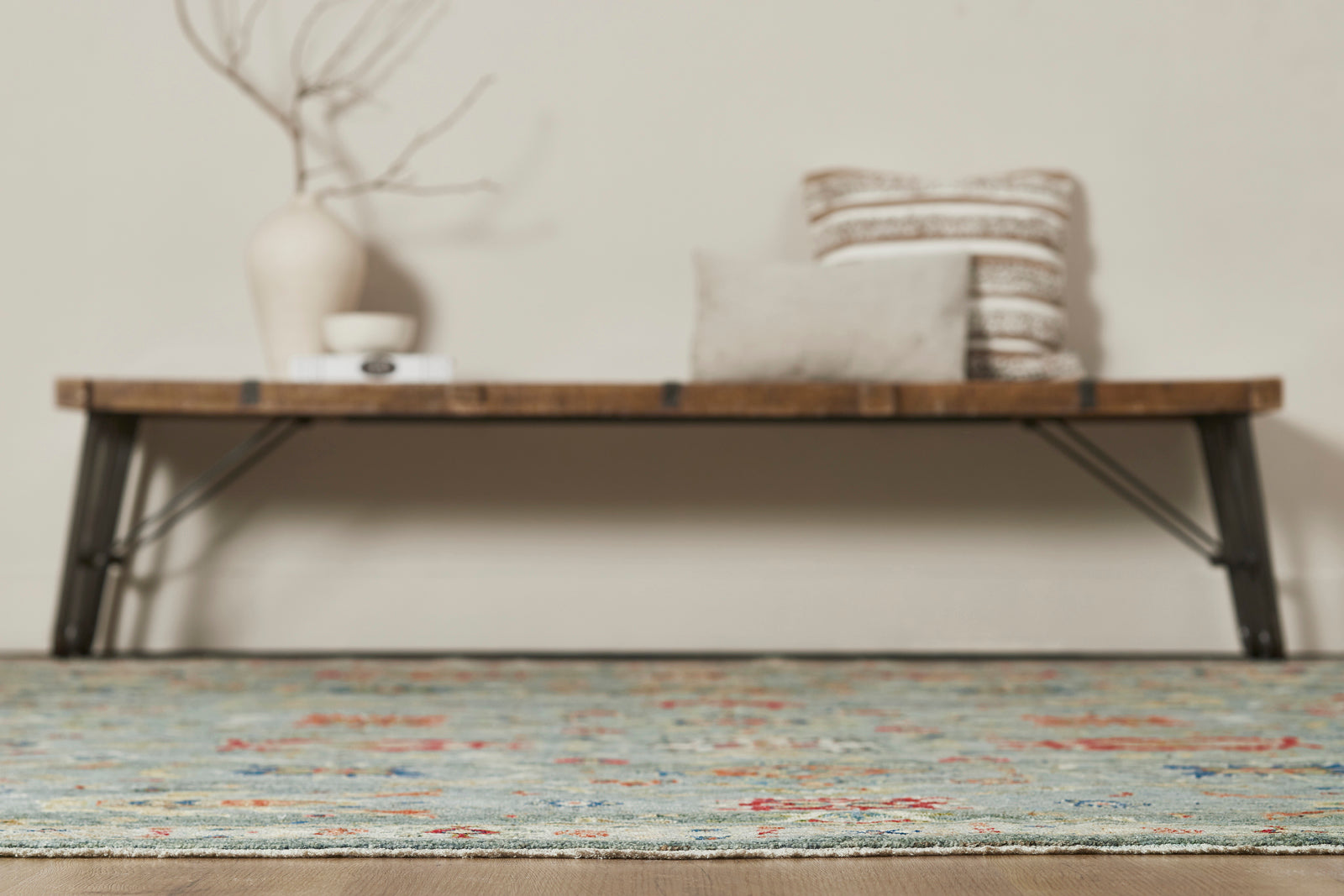 Additional detail view, transitional wool rug in blue and beige