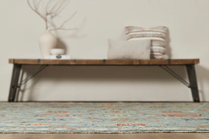Additional detail view, transitional wool rug in blue and beige
