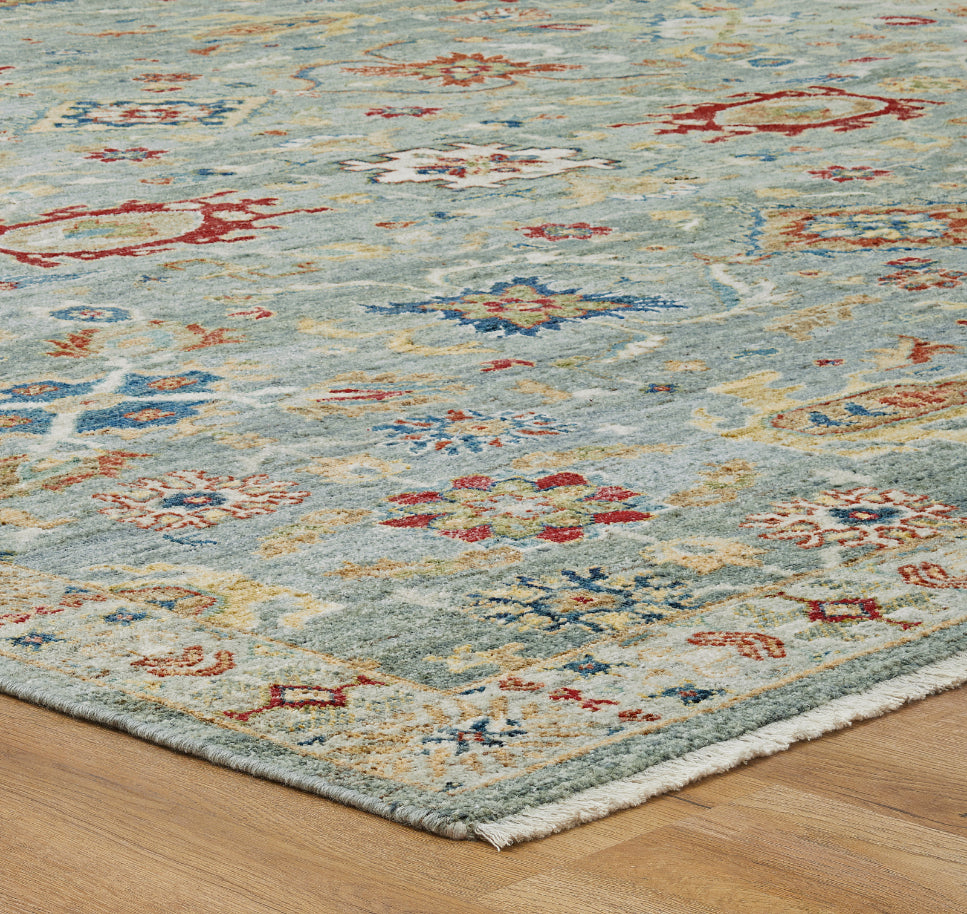 Rectangle shape option, transitional wool rug in blue and beige