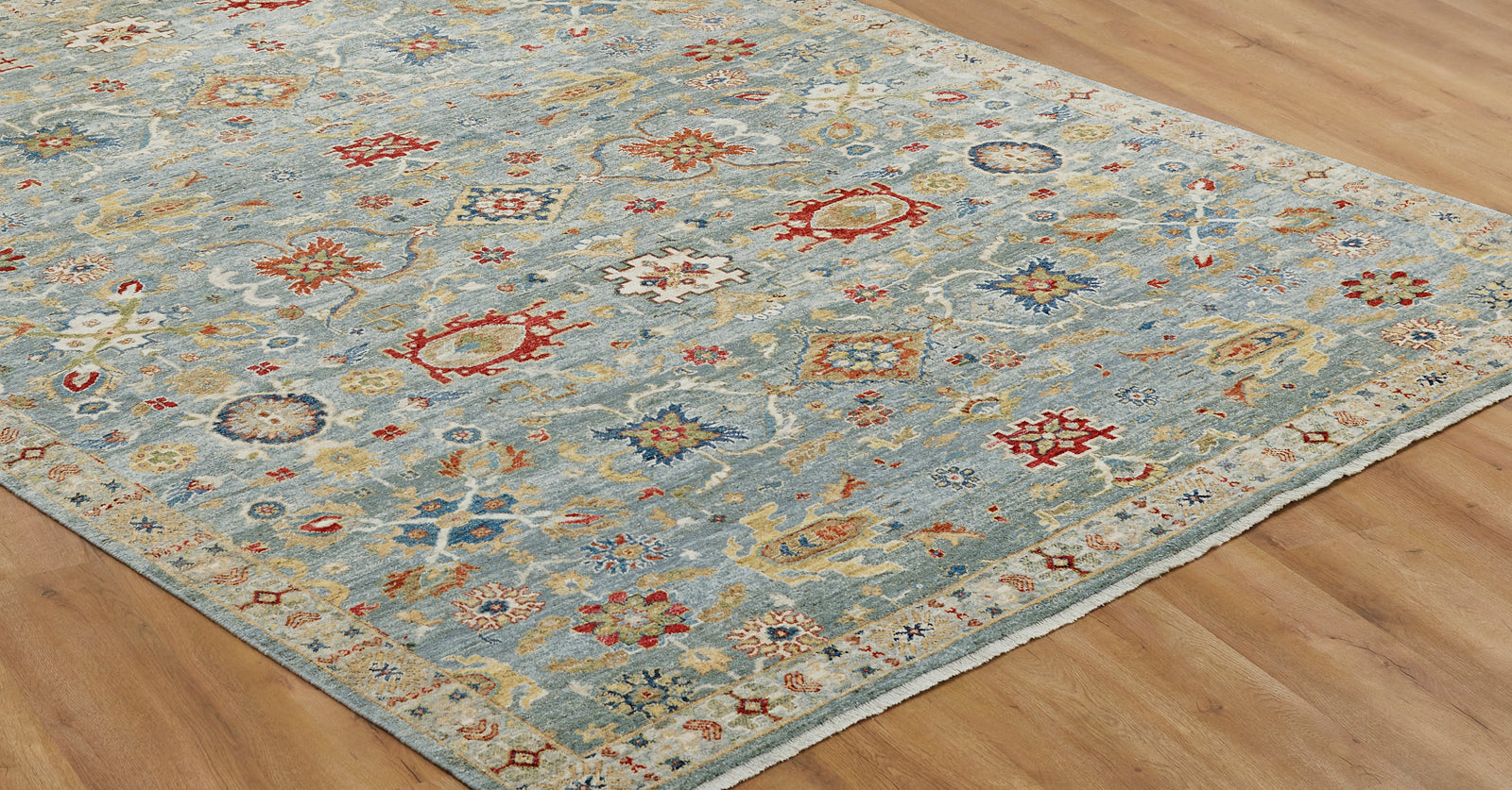 Round shape option, transitional wool rug in blue and beige