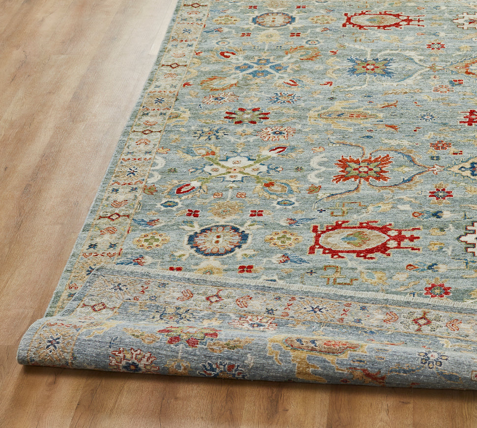 Square shape option, transitional wool rug in blue and beige