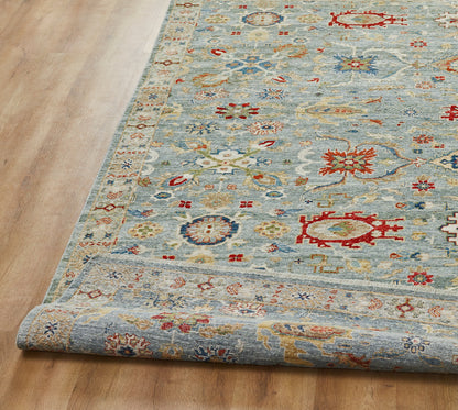 Square shape option, transitional wool rug in blue and beige