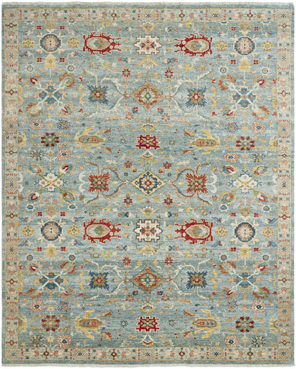 Transitional hand-knotted wool rug in blue and beige, full view