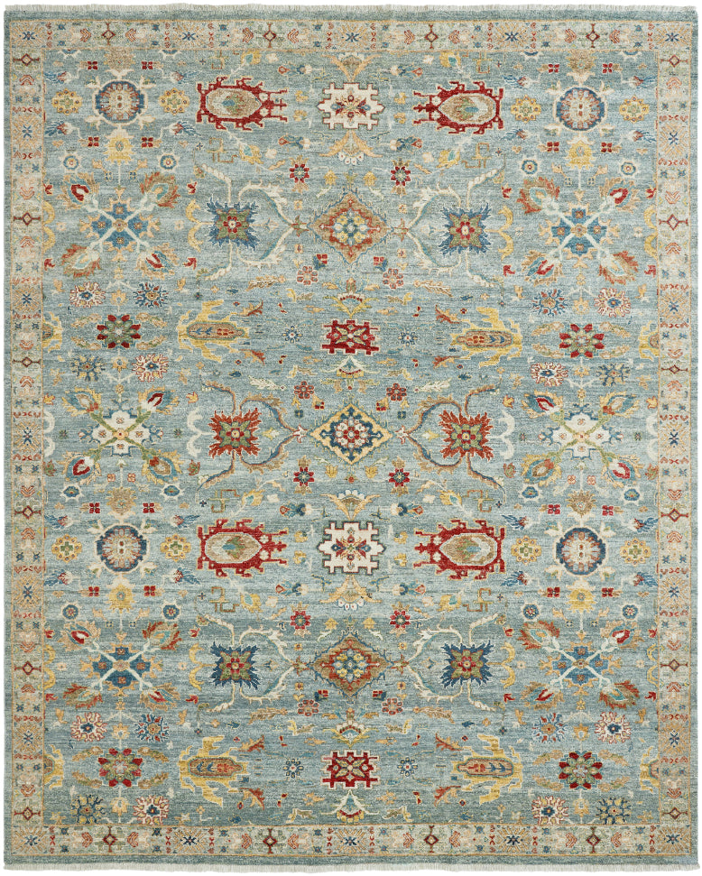 Transitional hand-knotted wool rug in blue and beige, full view
