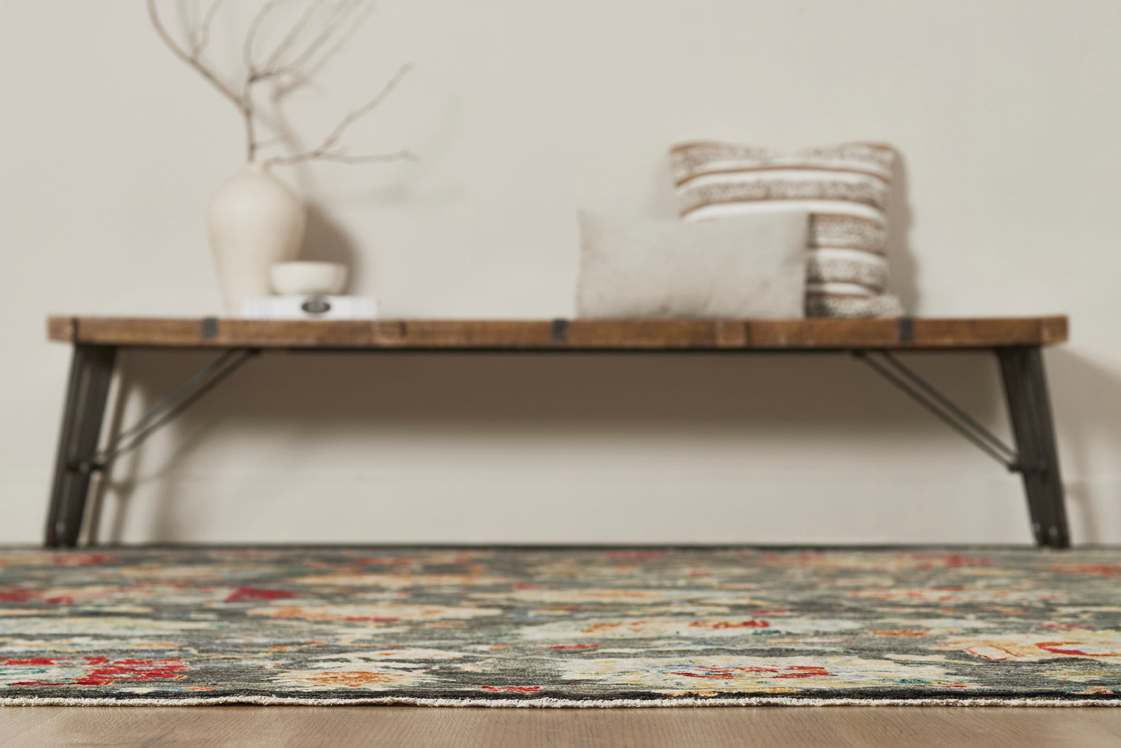 Additional detail view, transitional wool rug in gray and beige
