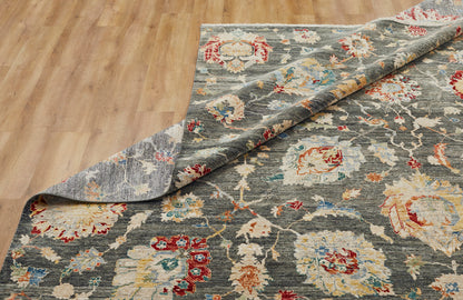 Corner detail, transitional wool rug in gray and beige