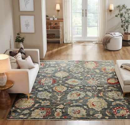 Gray and beige transitional wool rug in room setting