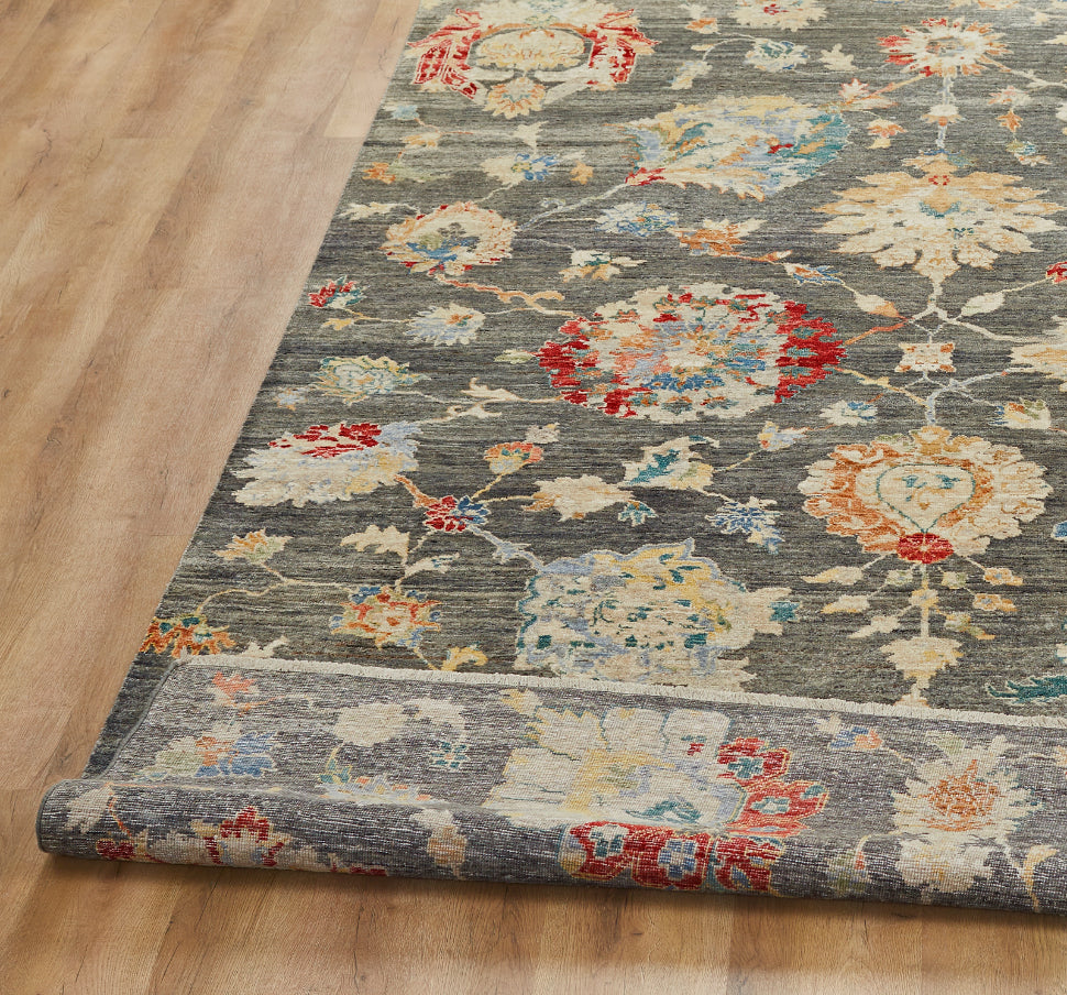 Square shape option, transitional wool rug in gray and beige