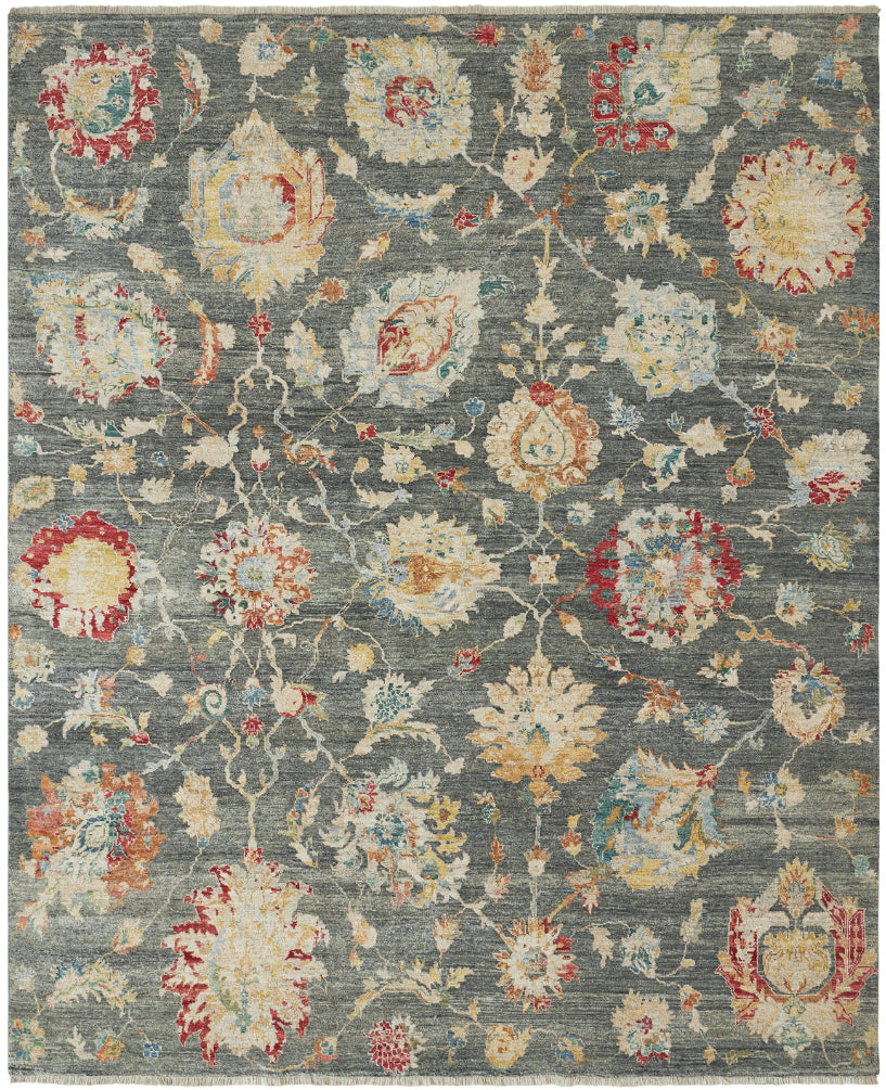 Transitional hand-knotted wool rug in gray and beige, full view