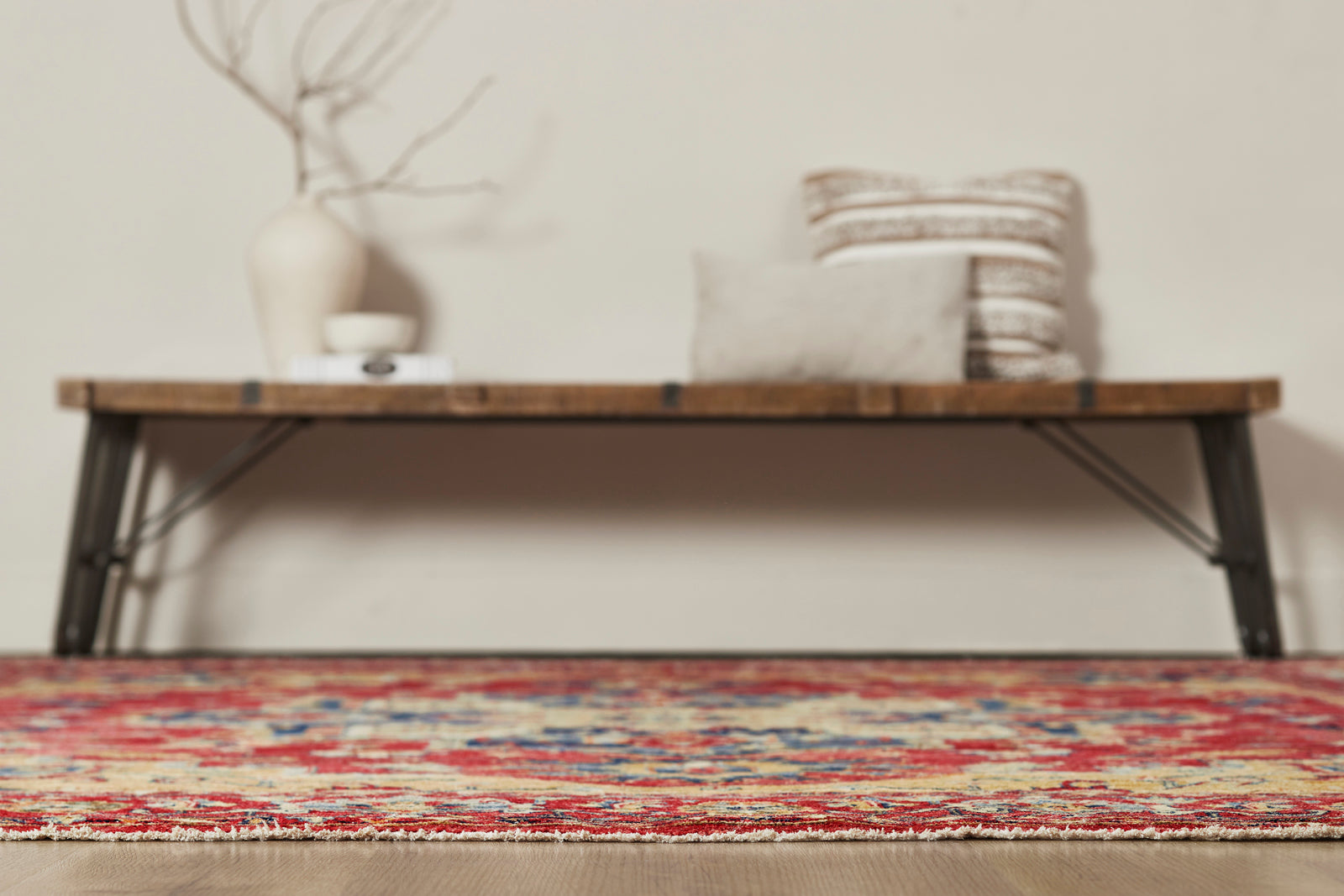 Additional detail view, transitional wool rug in rust and beige