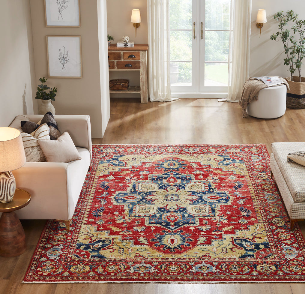 Rust and beige transitional wool rug in room setting