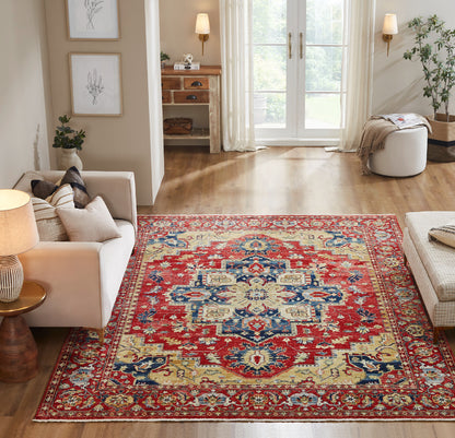 Rust and beige transitional wool rug in room setting