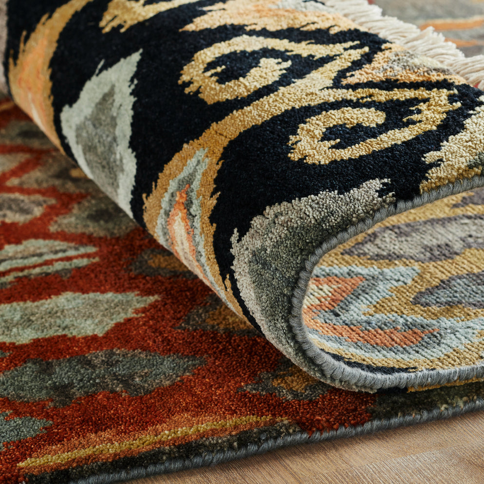 Additional view, Ikat wool rug in black and rust