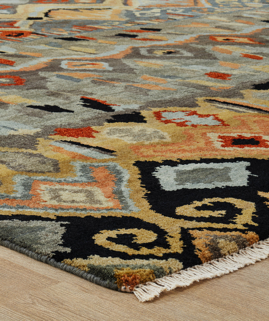 Rectangle shape option, Ikat wool rug in black and rust