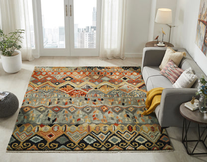 Black and rust Ikat wool rug in room setting