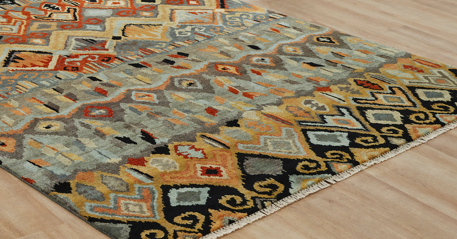 Round shape option, Ikat wool rug in black and rust