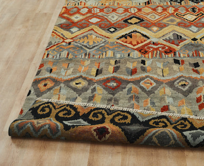 Square shape option, Ikat wool rug in black and rust