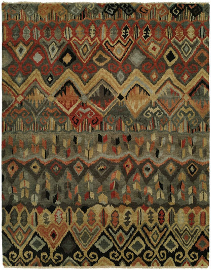 Ikat hand-knotted wool rug in black and rust, full view