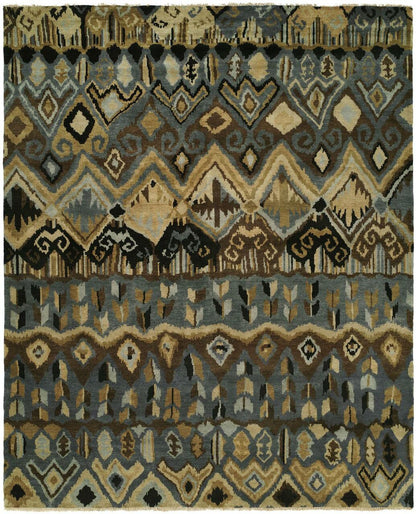 Ikat hand-knotted wool rug in brown and blue, full view