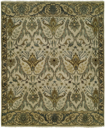 Ikat hand-knotted wool rug in beige and gold, full view