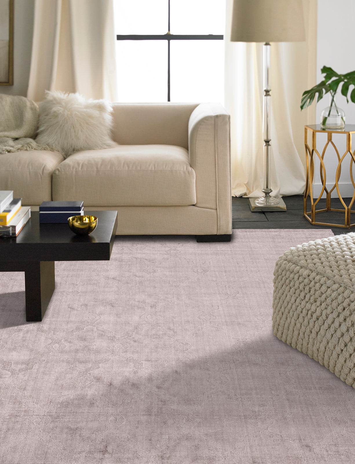 Gray transitional handloom wool-silk rug in room setting
