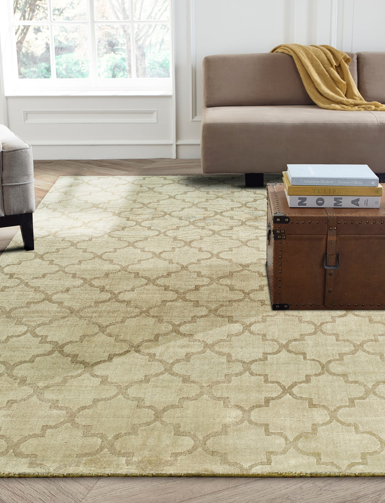 Beige and brown transitional wool-silk rug in room setting