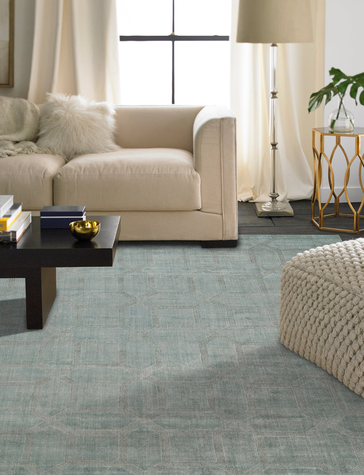 Gray transitional wool-silk rug in room setting