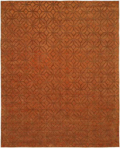Transitional handloom wool-silk rug in rust and brown, full view