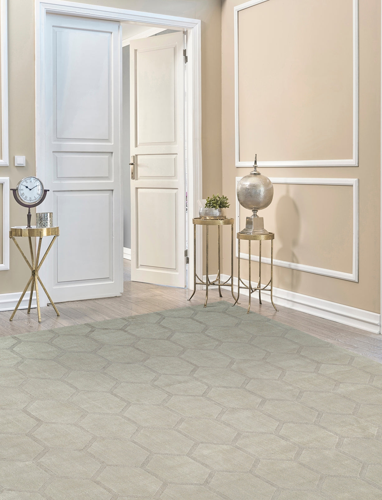 Beige and gray transitional wool-silk rug in room setting