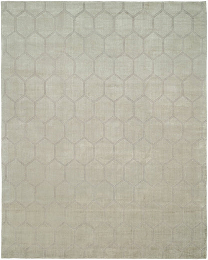 Transitional handloom wool-silk rug in beige and gray, full view