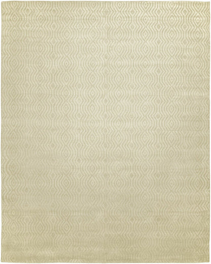 Transitional handloom wool-silk rug in beige, full view