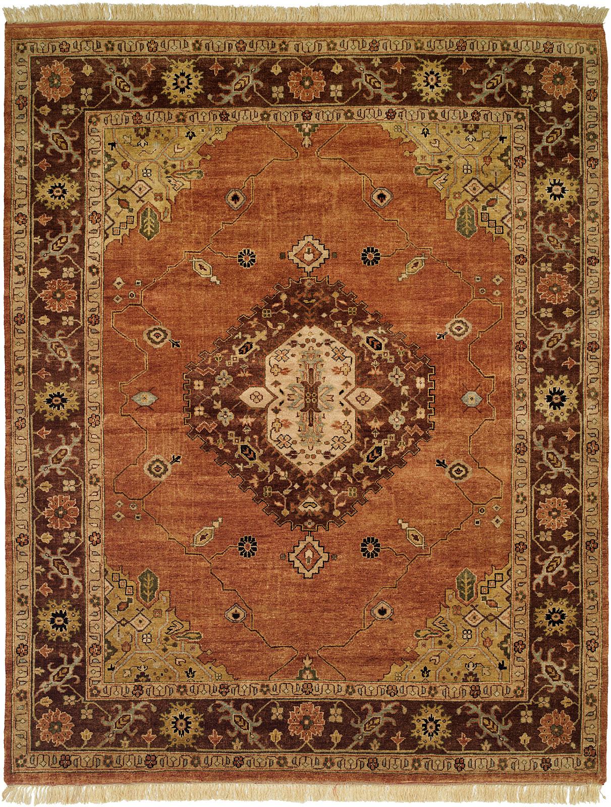Southwest tribal hand-knotted wool rug in orange and brown, full view