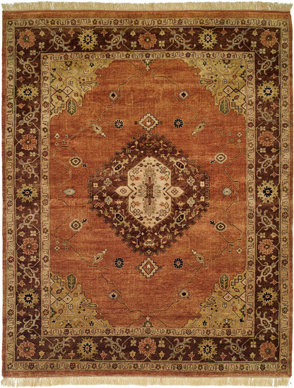 Southwest tribal hand-knotted wool rug in orange and brown, full view
