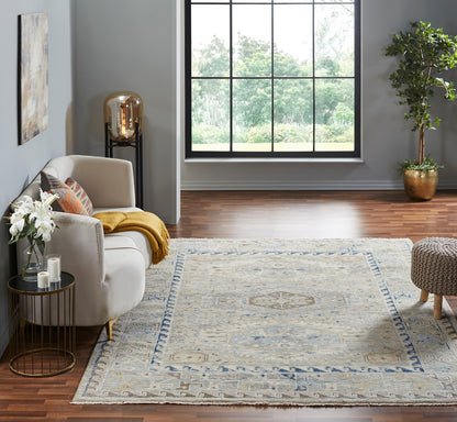 Gray and white Southwest tribal rug in room setting