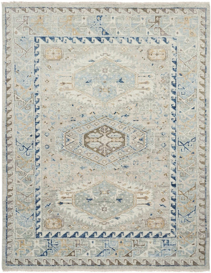 Southwest tribal hand-knotted wool rug in gray and white, full view