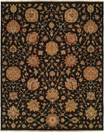 Traditional hand-knotted wool rug in black and gold, full view