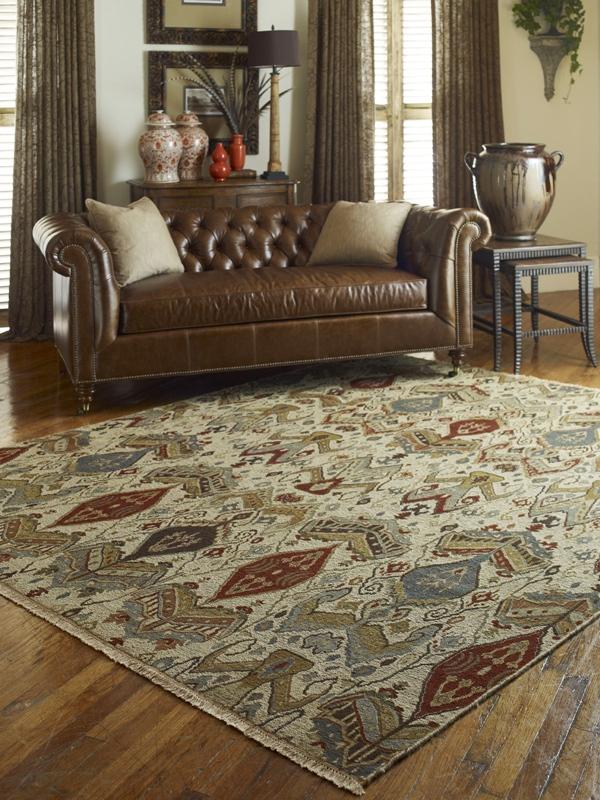 Beige and brown Ikat rug in room setting