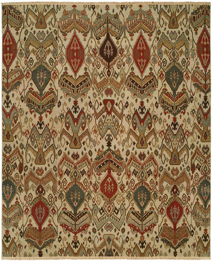 Ikat hand-knotted wool rug in beige and brown, full view