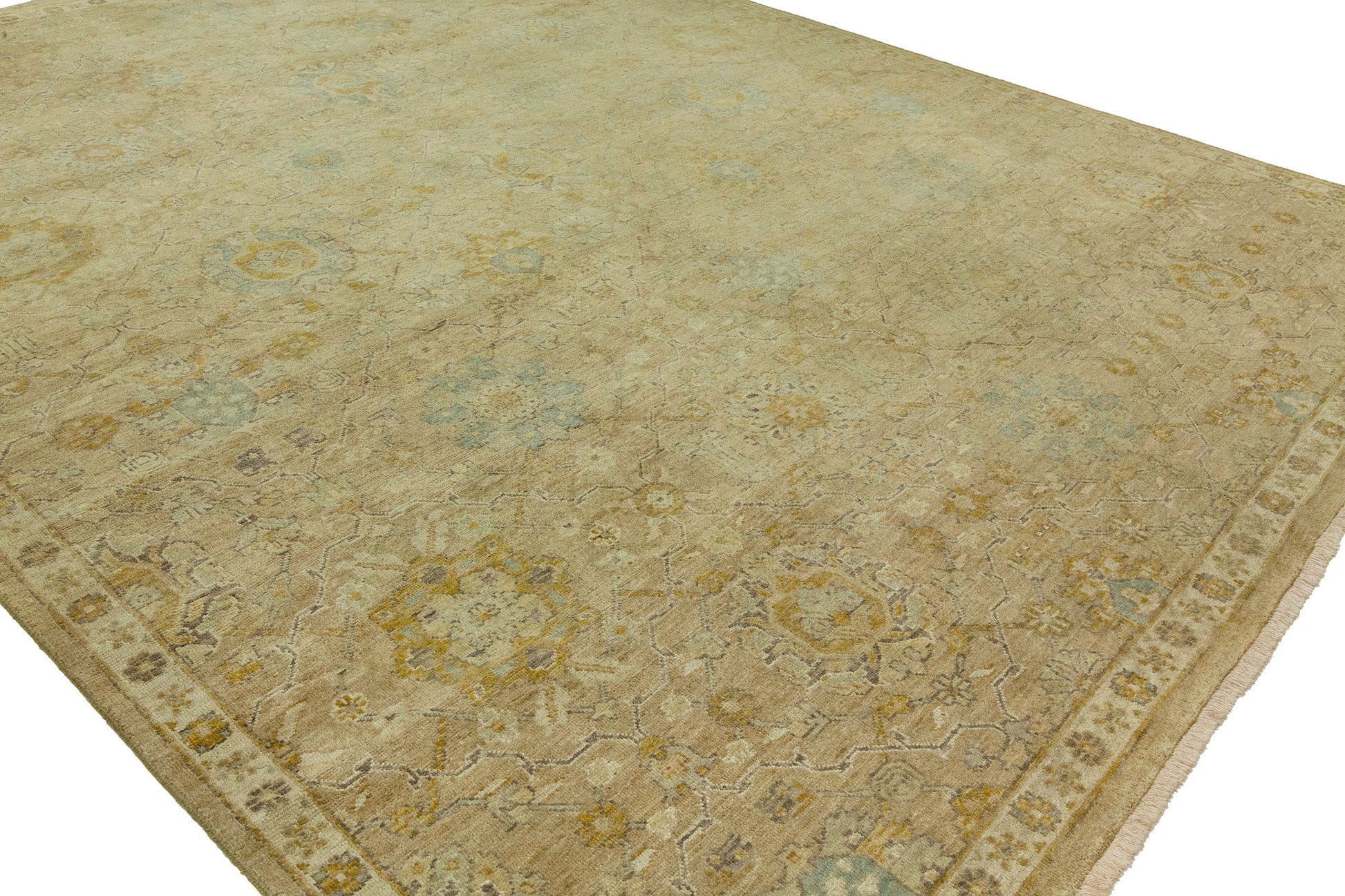 Round shape option, transitional wool rug in gold and beige