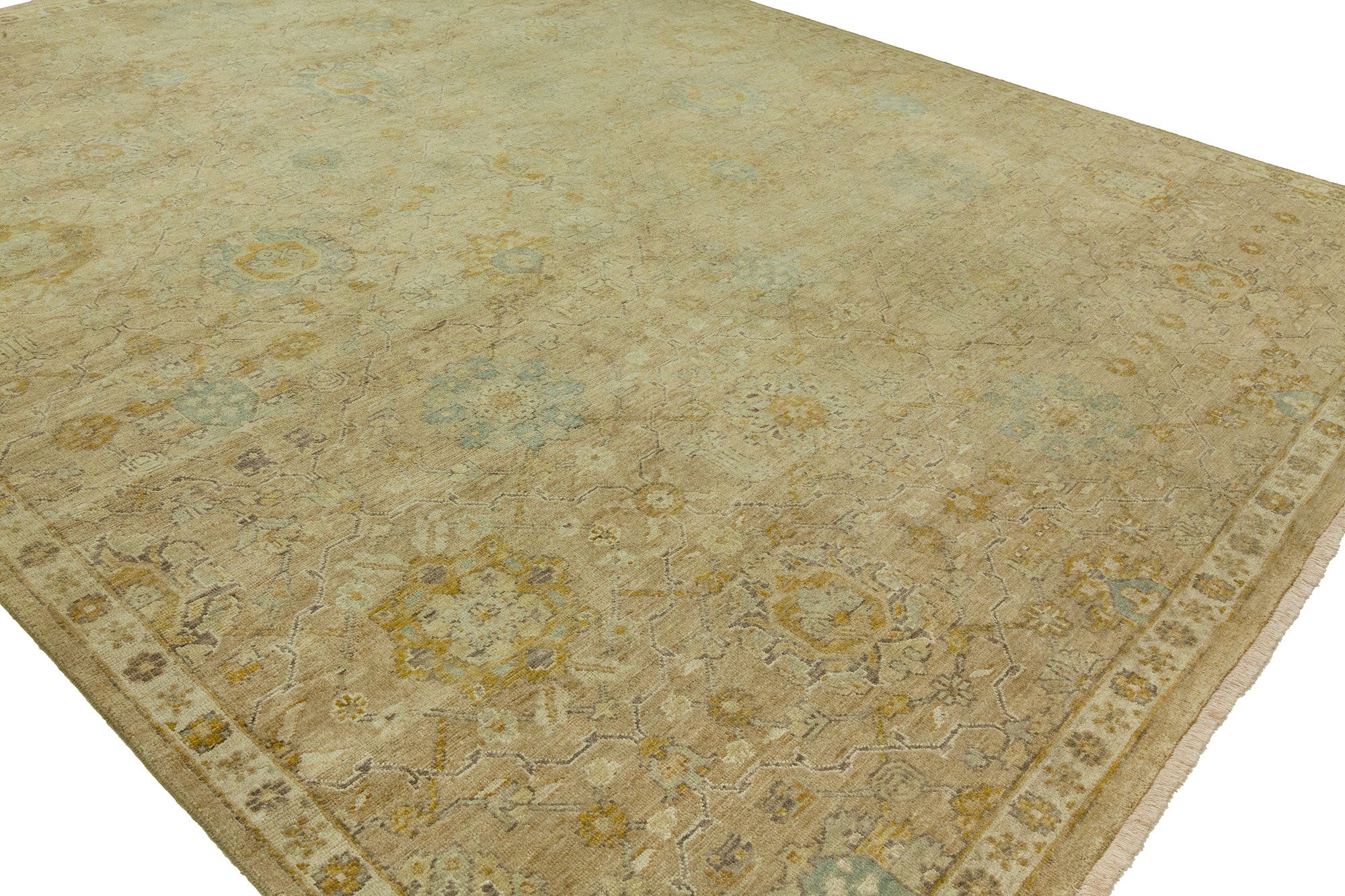Round shape option, transitional wool rug in gold and beige